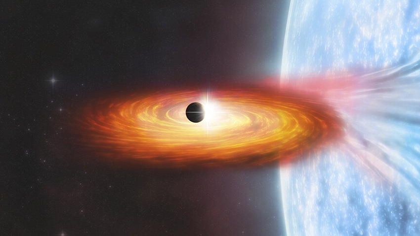 一个黑洞从一颗巨大的蓝色恒星中吸收质量，星系间系外行星围绕它旋转